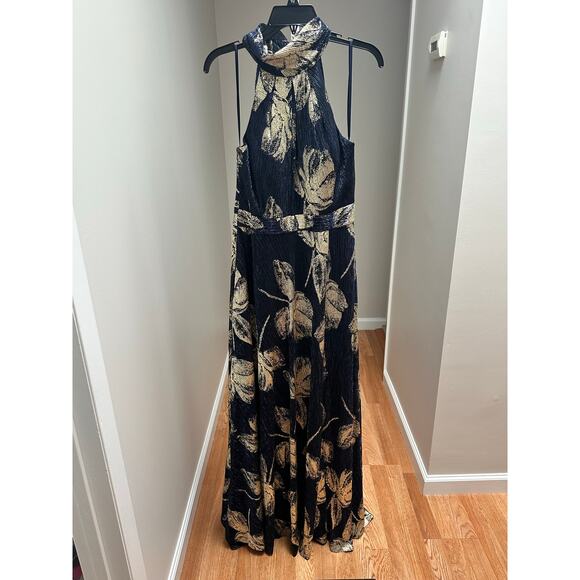 NEW NWT Betsy & Adam Women's Metallic-Print Halter Gown size 10 Navy Gold - Picture 4 of 7
